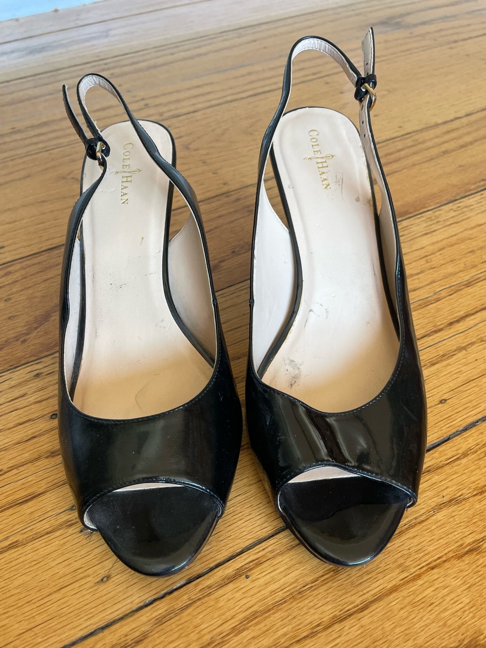 Cole Haan Black Patent Leather Peep-Toe Slingback Heels